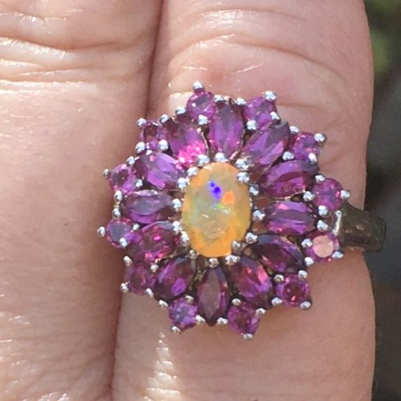 Genuine Opal & Garnet Halo Ring .925 Sterling Silver Natural Gemstones Sz 5 or 7 - Picture 11 of 16